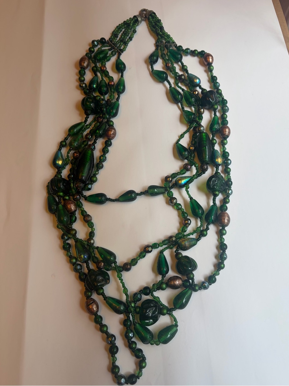 Vintage Y2K Emerald Green Glass Beaded Multi Strand Statement Necklace 2000s